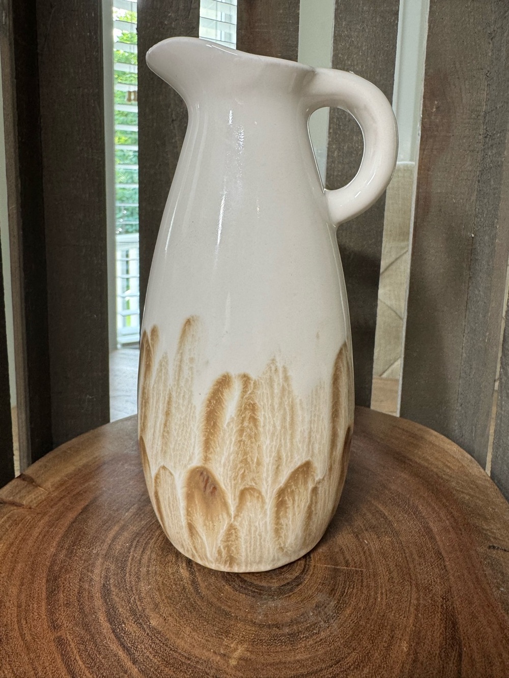 Cream Ceramic Pitcher with Brown Drip Glaze
